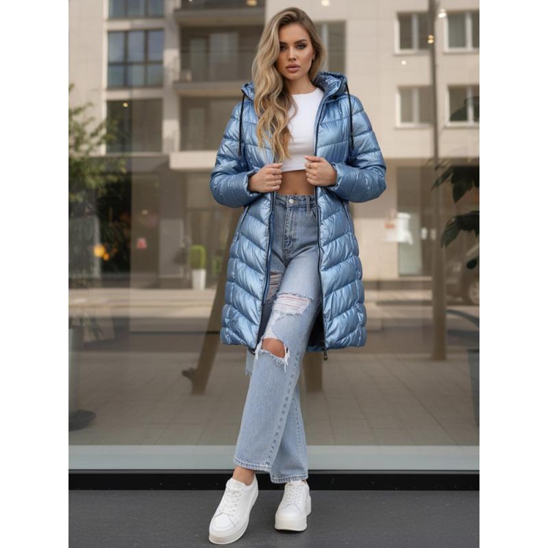 Dámska dlhá prešívaná zimná bunda, tmavomodrá