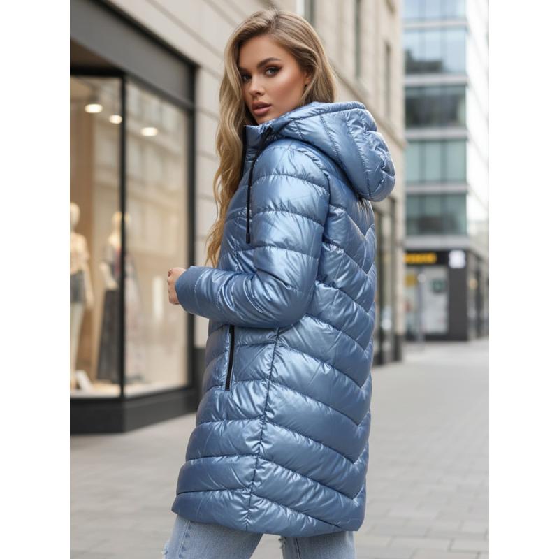 Dámska dlhá prešívaná zimná bunda, tmavomodrá