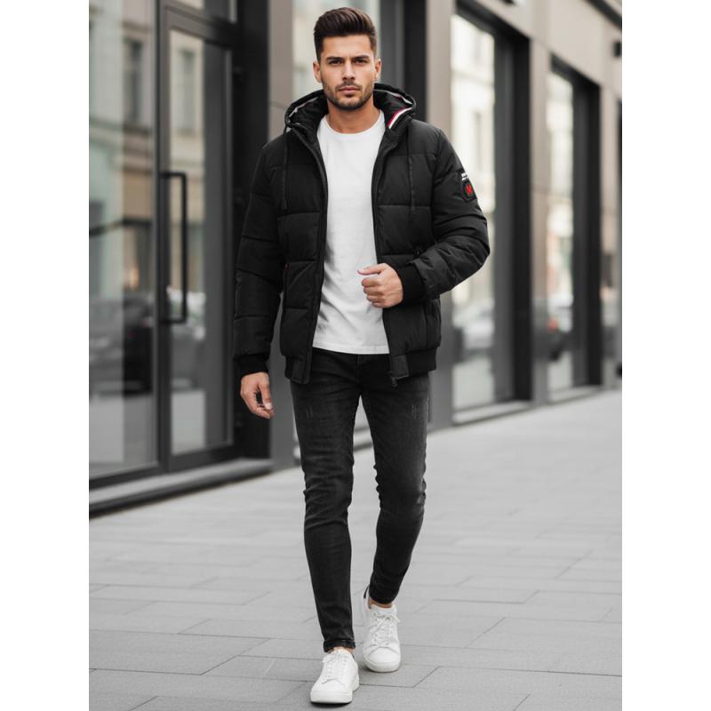 Pánska zimná bunda s kapucňou, čierna