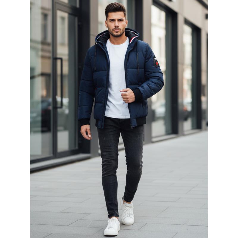 Pánska zimná bunda s kapucňou, tmavomodrá