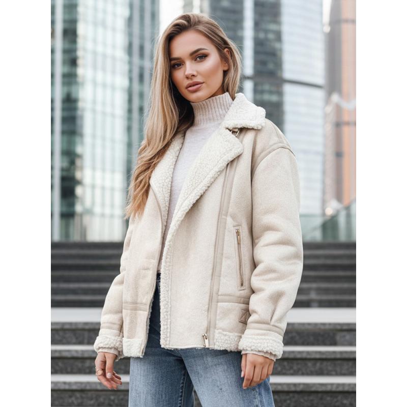 Női motoros kabát prémes bézs