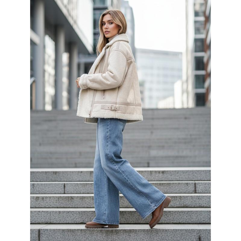 Női motoros kabát prémes bézs