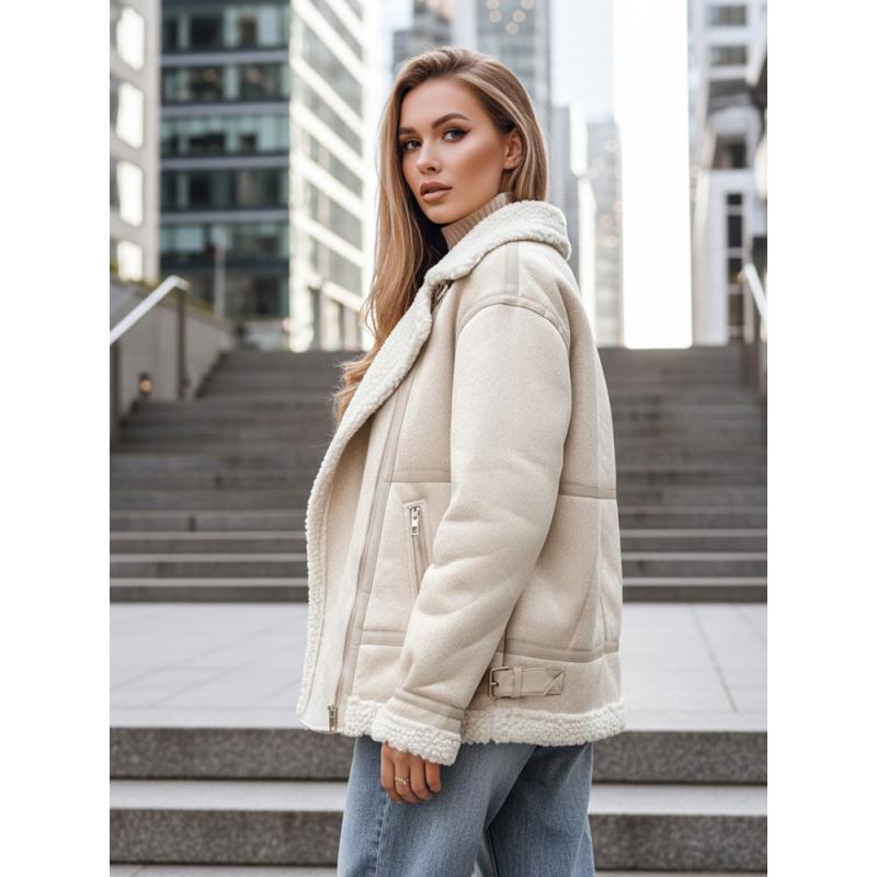 Női motoros kabát prémes bézs