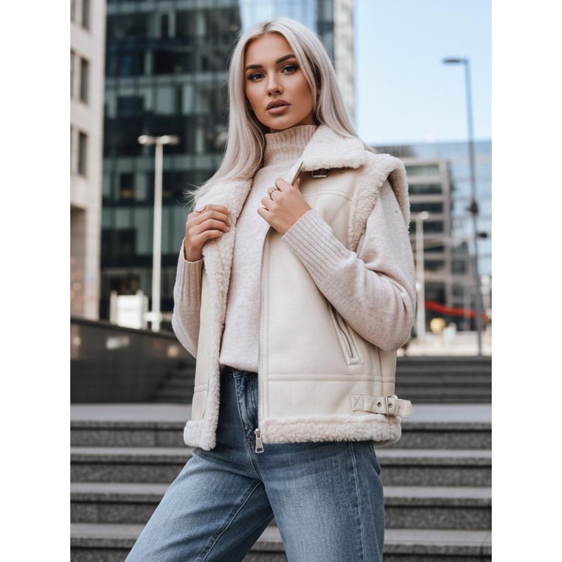 Női műbőr mellény szőrme díszítéssel, bézs