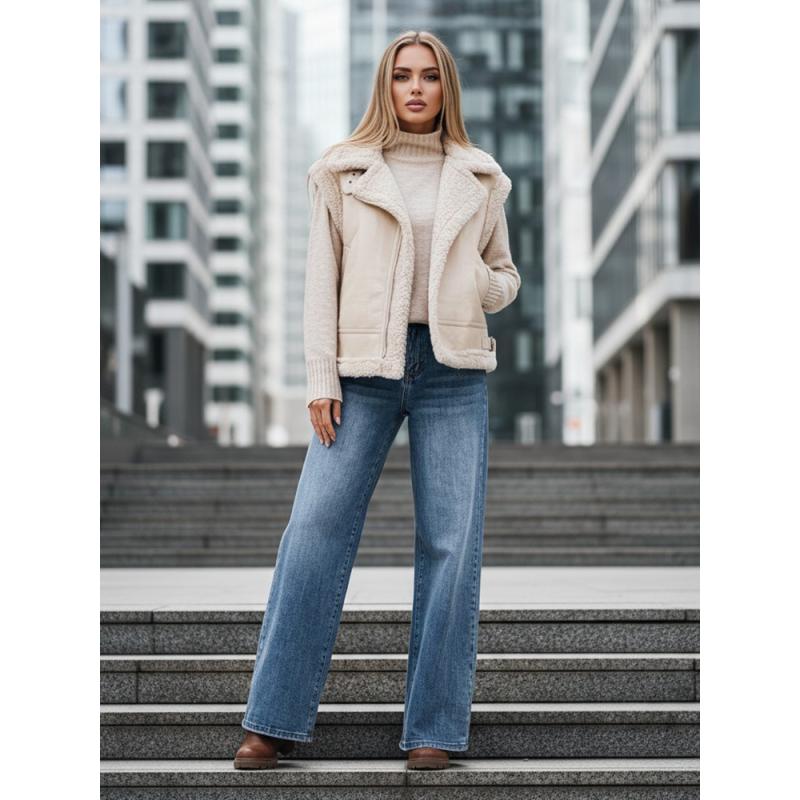 Női műbőr mellény szőrme díszítéssel, bézs