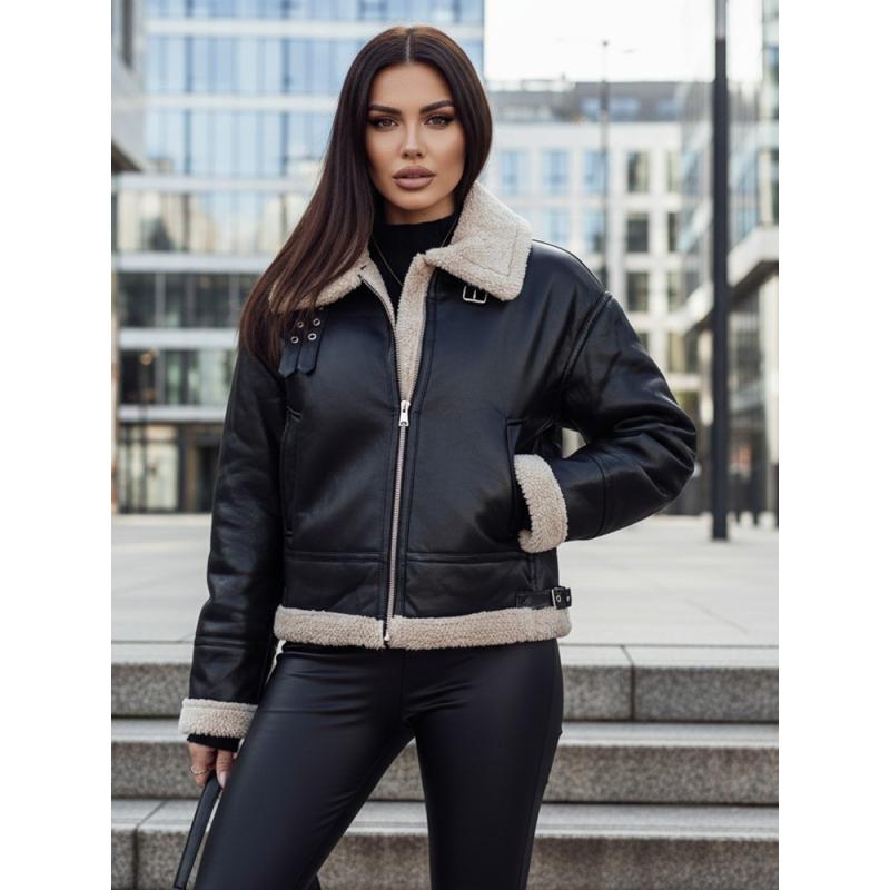 Női műbőr kabát szőrme gallérral SHEREB, fekete