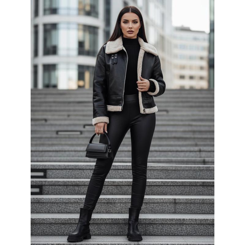 Női műbőr kabát szőrme gallérral SHEREB, fekete