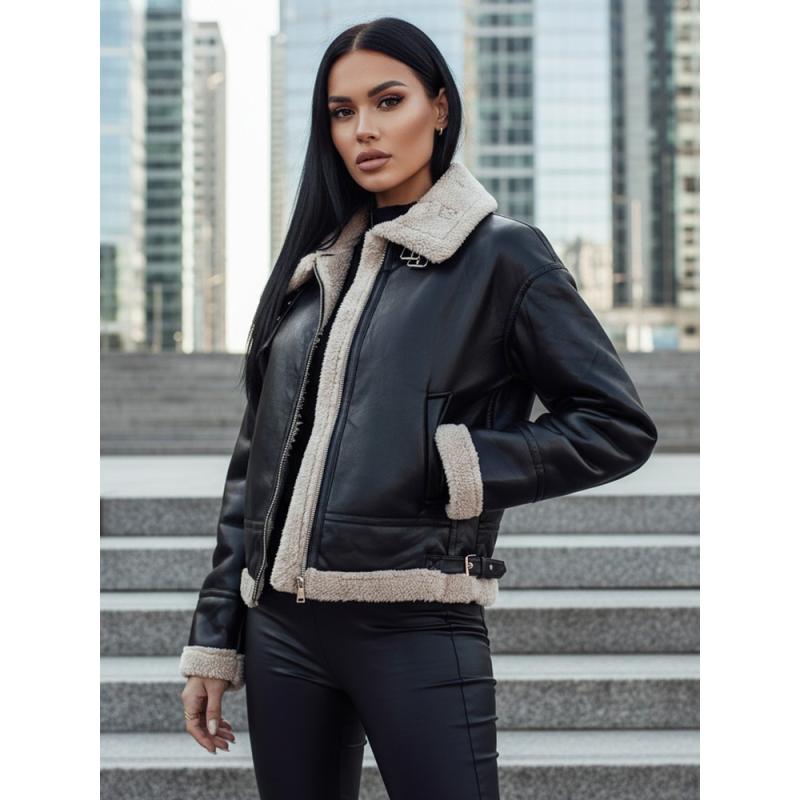 Női műbőr kabát szőrme gallérral SHEREB, fekete