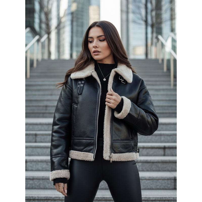 Női műbőr kabát szőrme gallérral SHEREB, fekete