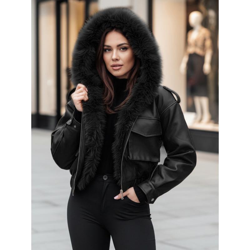 Női műbőr kabát szőrme gallérral SOFTREBEL, fekete