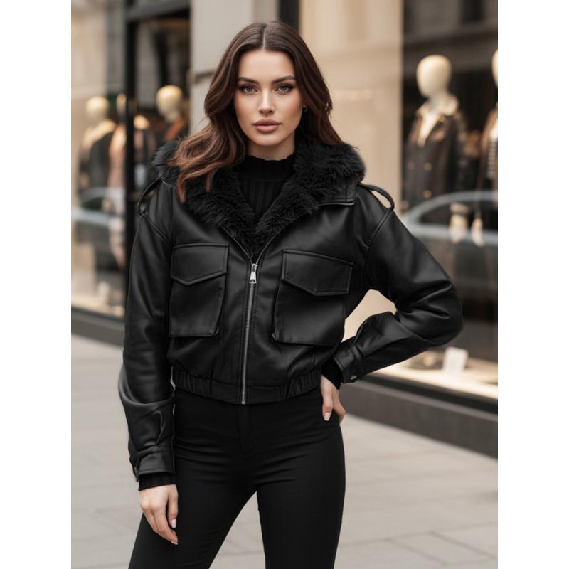 Női műbőr kabát szőrme gallérral SOFTREBEL, fekete