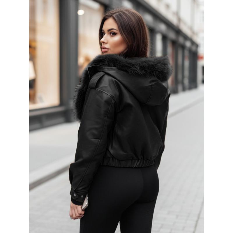 Női műbőr kabát szőrme gallérral SOFTREBEL, fekete
