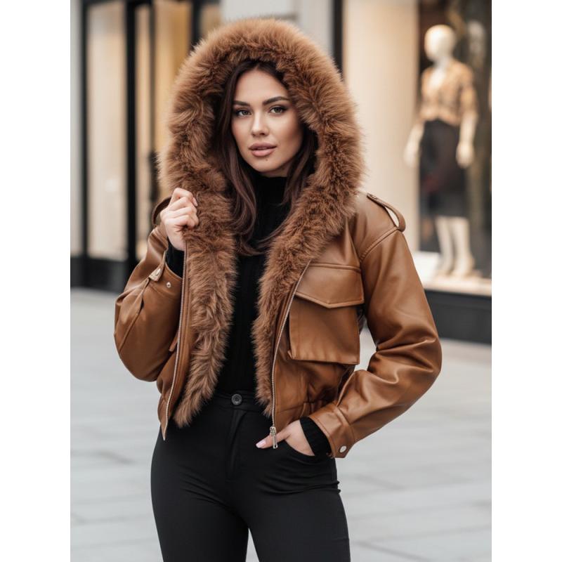 Női műbőr kabát szőrme gallérral SOFTREBEL, barna
