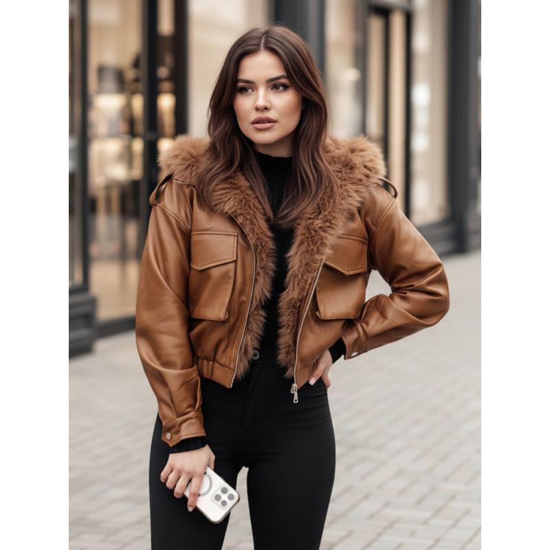 Női műbőr kabát szőrme gallérral SOFTREBEL, barna