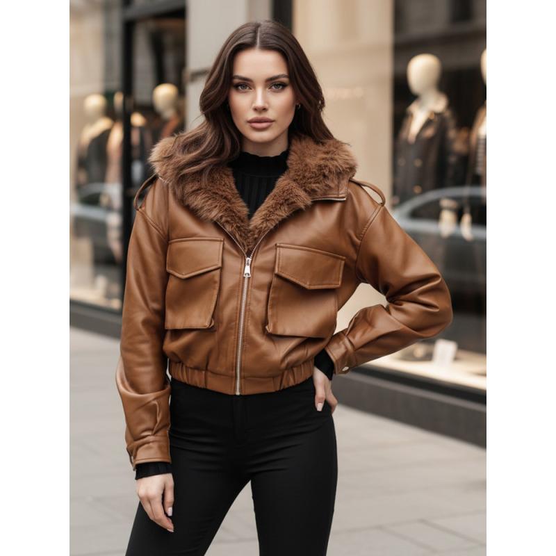 Női műbőr kabát szőrme gallérral SOFTREBEL, barna