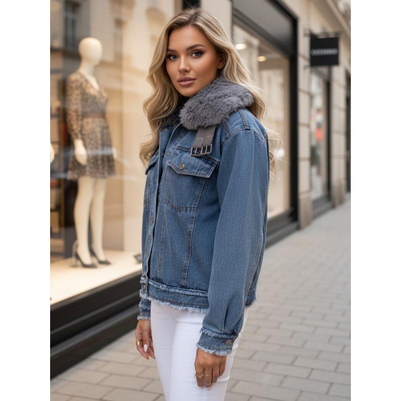 Dámska džínsová bunda FURDENIM s kožušinovým lemovaním, svetlo modrá