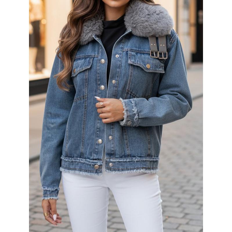 Dámska džínsová bunda FURDENIM s kožušinovým lemovaním, svetlo modrá