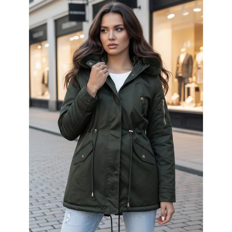 Dámska zimná bunda s kapucňou a kožušinou ERISS zelená