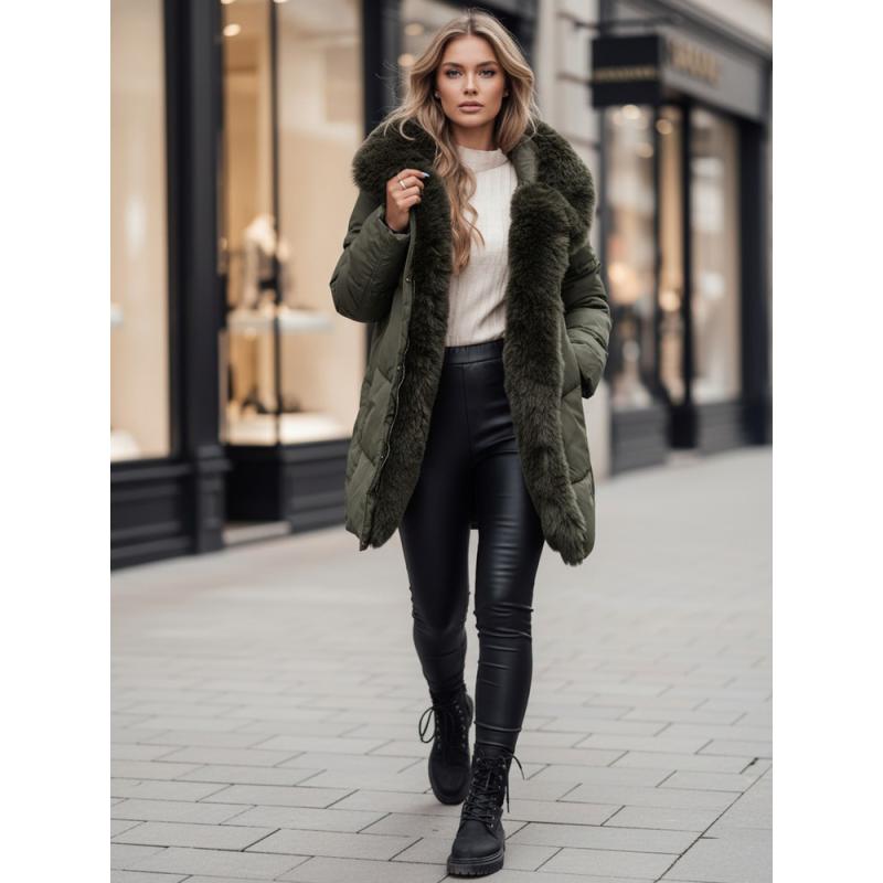 Női hosszú steppelt téli kabát MORISIO kapucnival, zöld