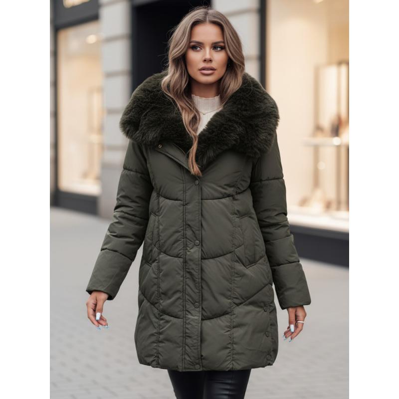 Női hosszú steppelt téli kabát MORISIO kapucnival, zöld
