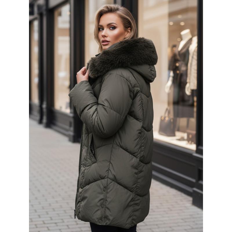 Női hosszú steppelt téli kabát MORISIO kapucnival, zöld
