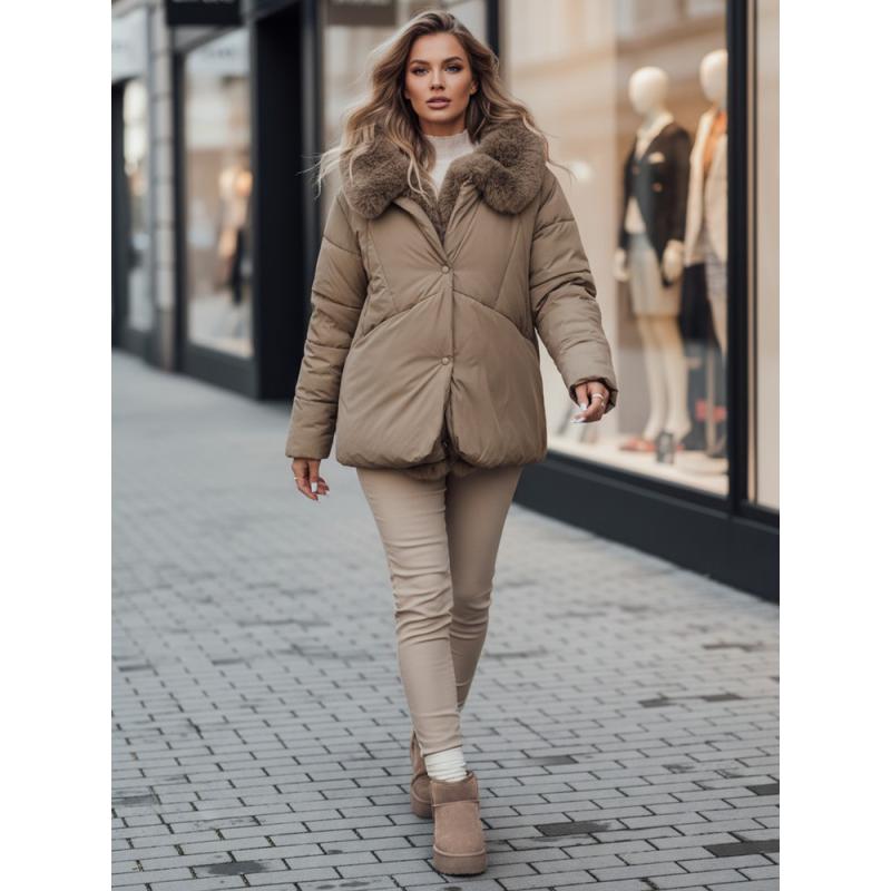 Dámská zimní bunda LUNAVI prošívaná s kožešinou světle béžová