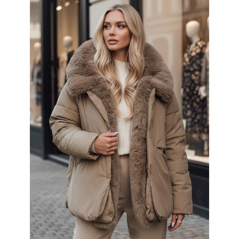 Dámská zimní bunda LUNAVI prošívaná s kožešinou světle béžová
