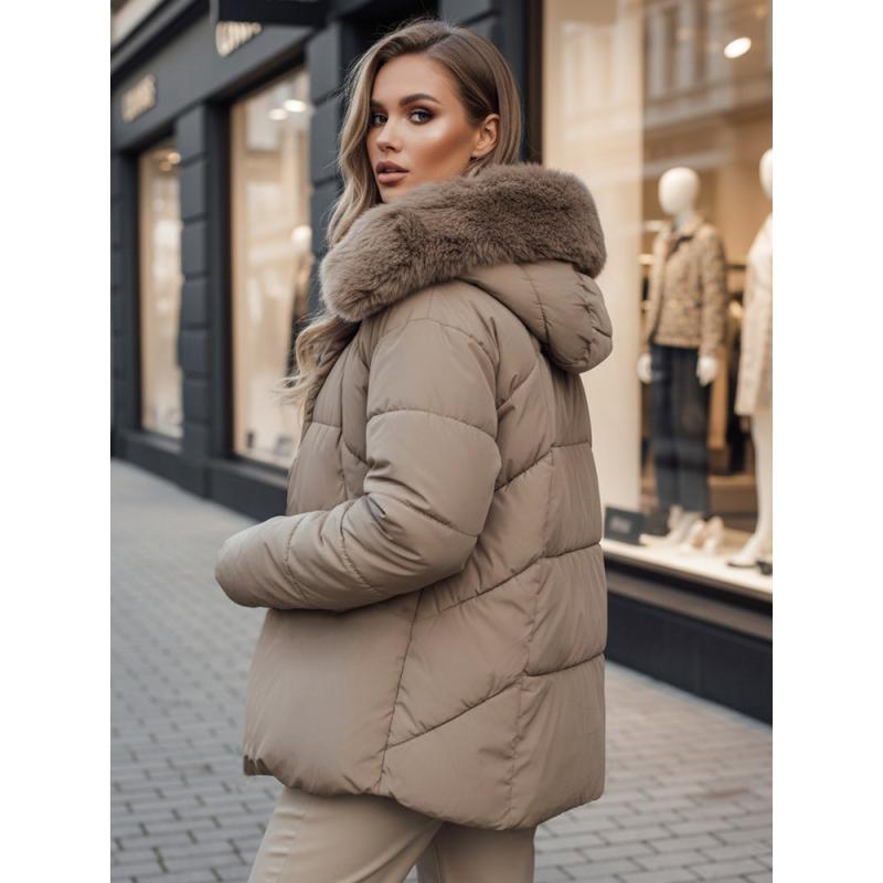 Dámská zimní bunda LUNAVI prošívaná s kožešinou světle béžová