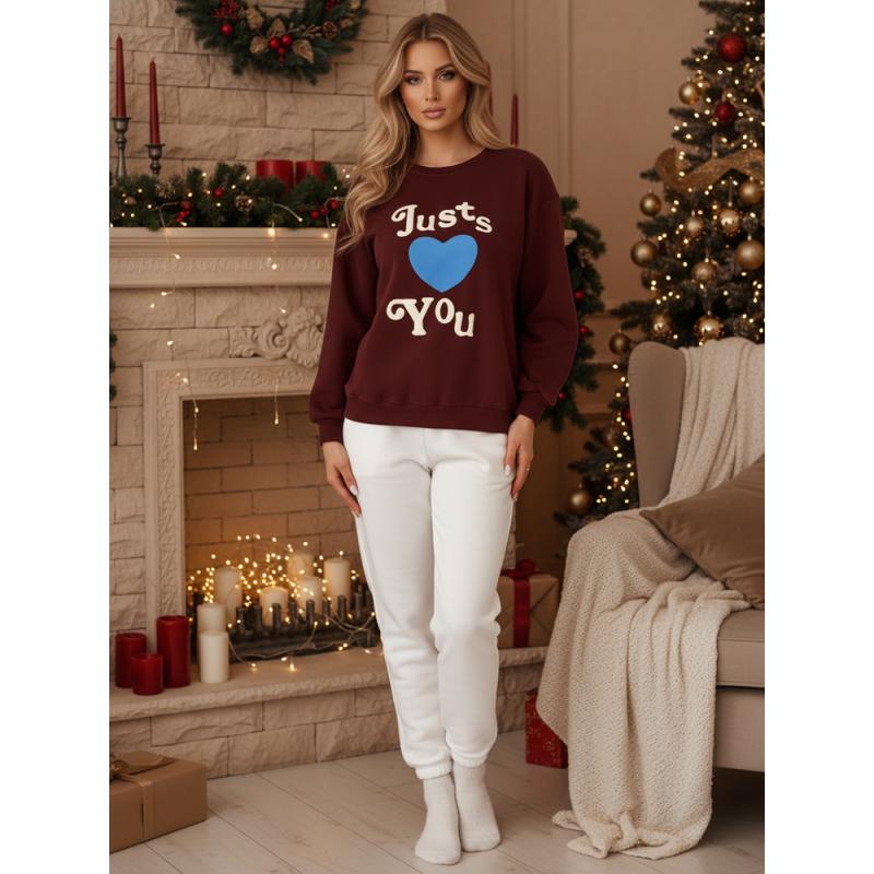 Női oversize pulóver JUST LOVE YOU nyomtatással, bordó