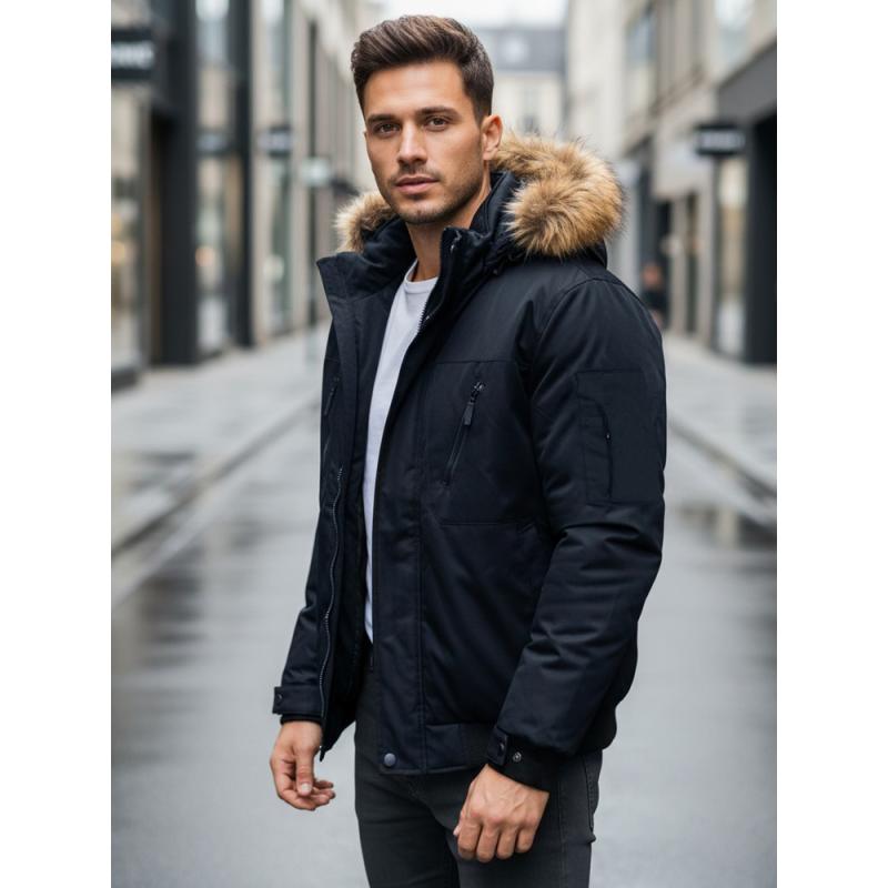 Pánská zimní bunda s kapucí tmavě modrá