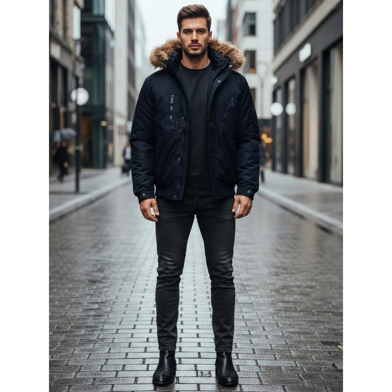 Pánská zimní bunda s kapucí tmavě modrá