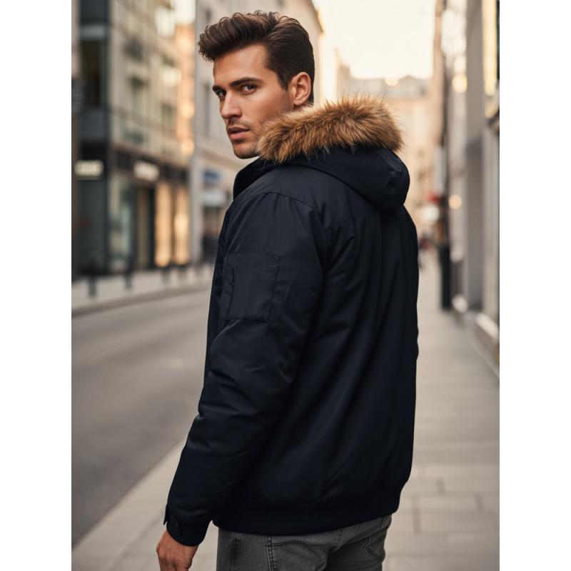 Pánská zimní bunda s kapucí tmavě modrá