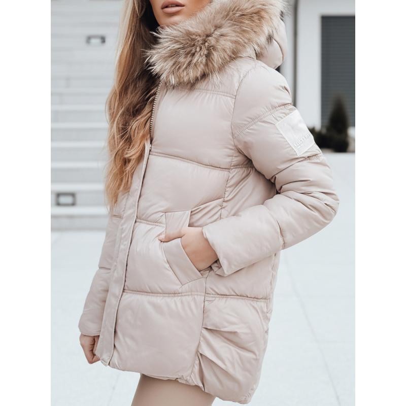 Dámská zimní prošívaná bunda s kapucí, béžová