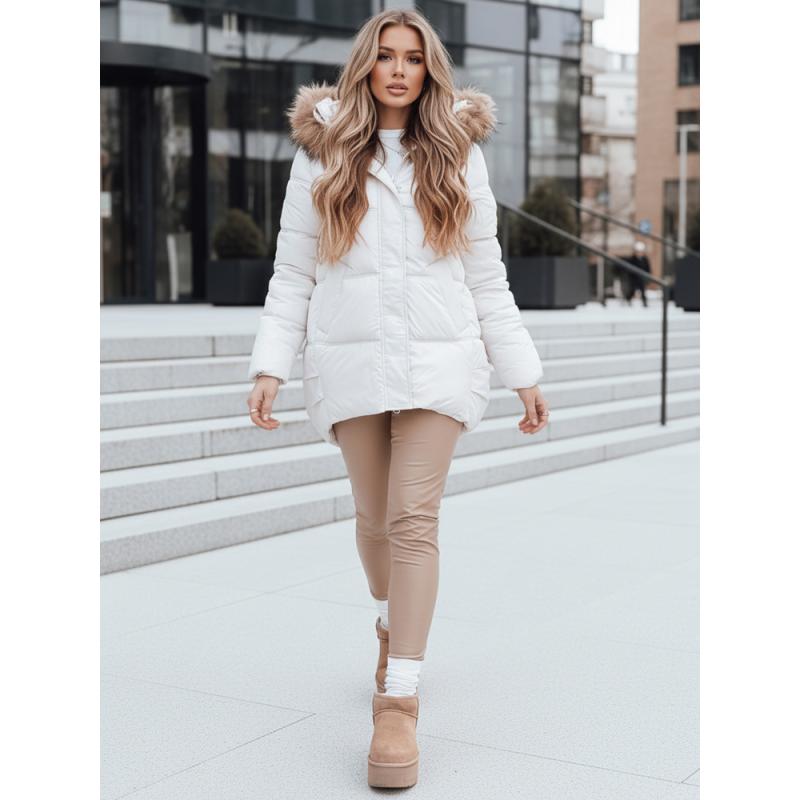 Dámská zimní prošívaná bunda s kapucí, světle béžová