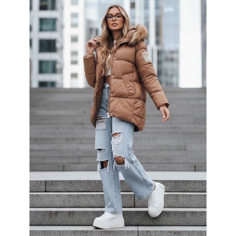 Női téli steppelt kabát kapucnival, kamel