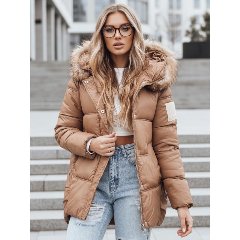 Női téli steppelt kabát kapucnival, kamel