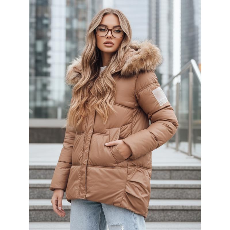 Női téli steppelt kabát kapucnival, kamel