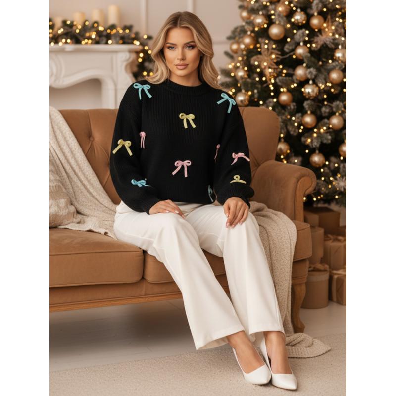 Dámský svetr one size TIELUSH s malými mašličkami černý