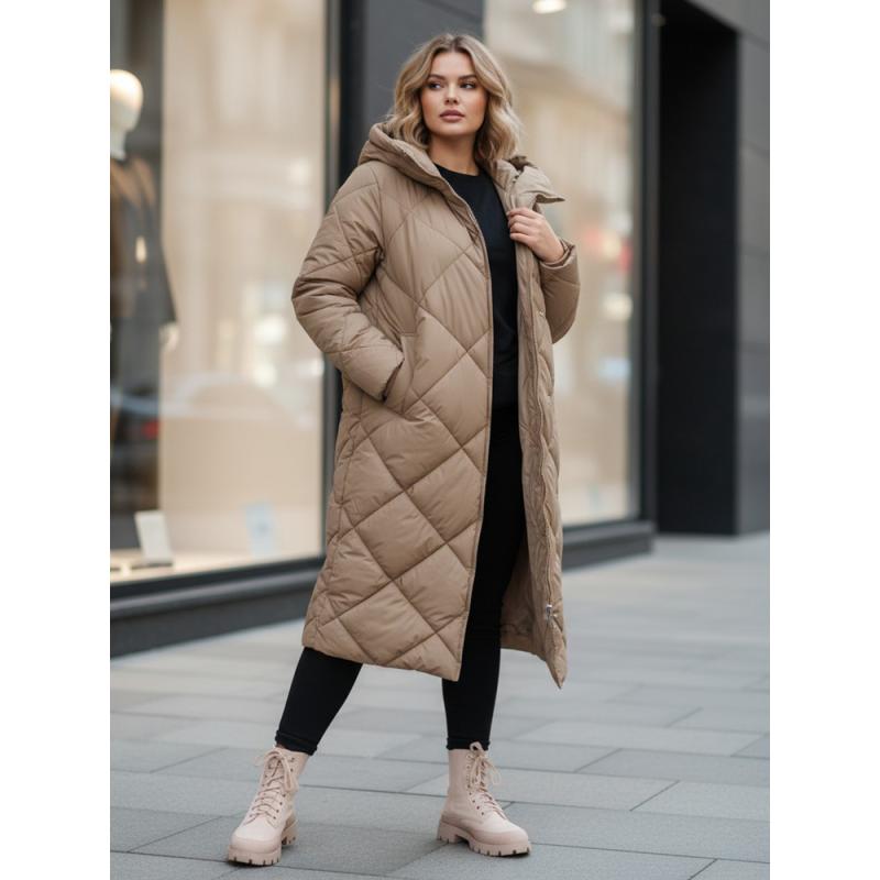 Női steppelt téli kabát kapucnival FEMACOAT khaki