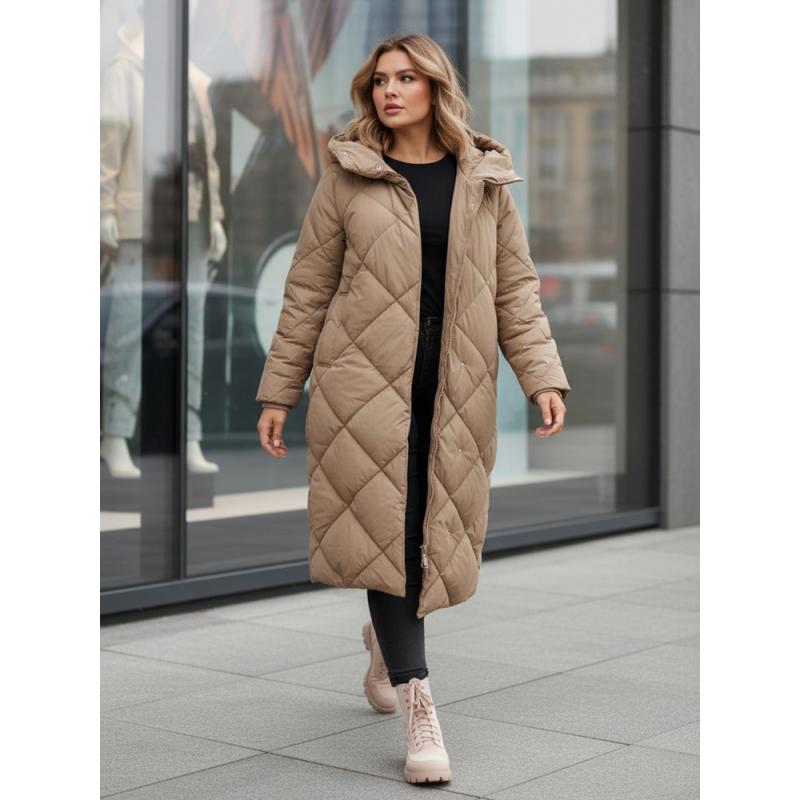 Női steppelt téli kabát kapucnival FEMACOAT khaki