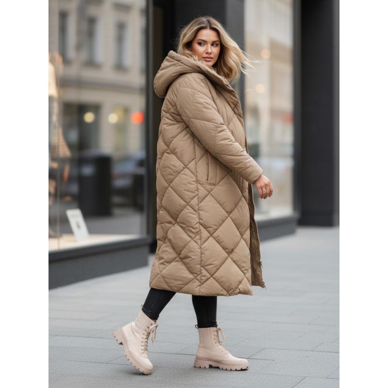 Női steppelt téli kabát kapucnival FEMACOAT khaki