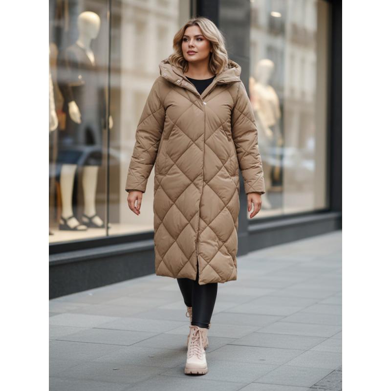 Női steppelt téli kabát kapucnival FEMACOAT khaki