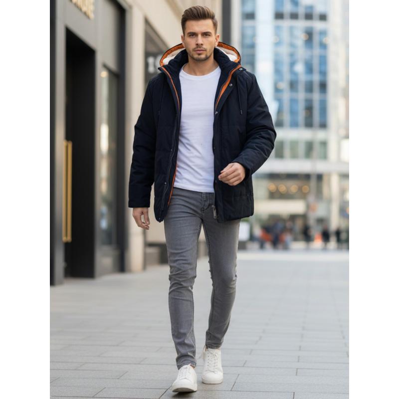 Férfi téli kabát kapucnival, sötétkék