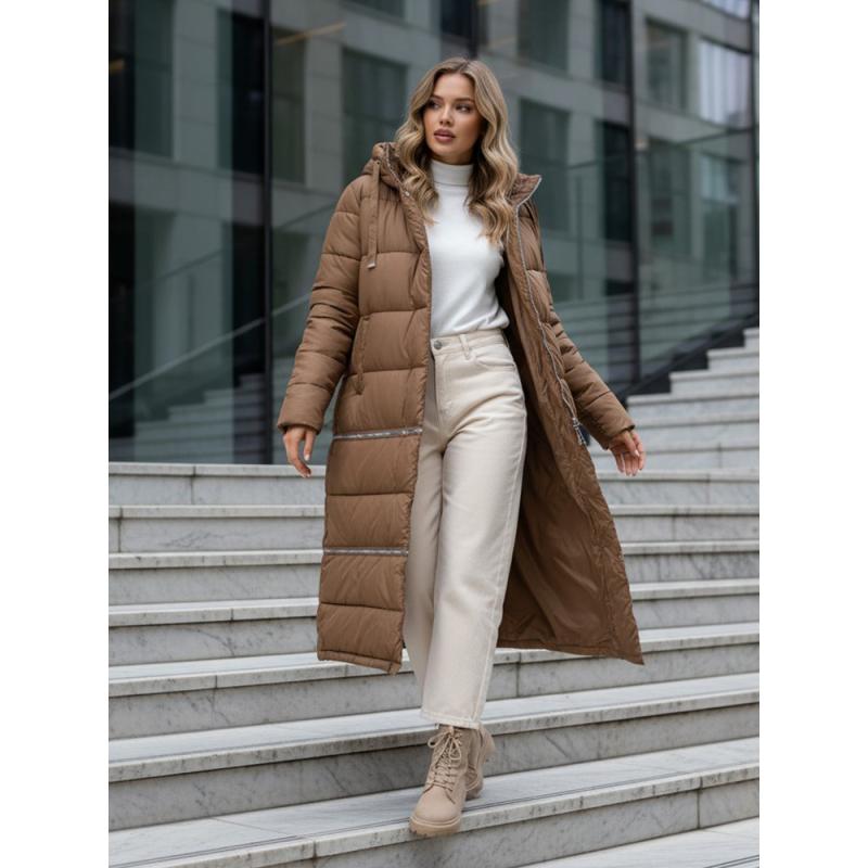 Női téli hosszú kabát, kamel