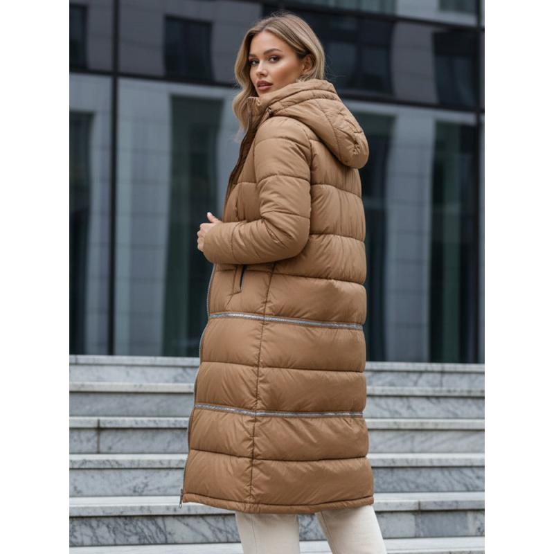 Női téli hosszú kabát, kamel