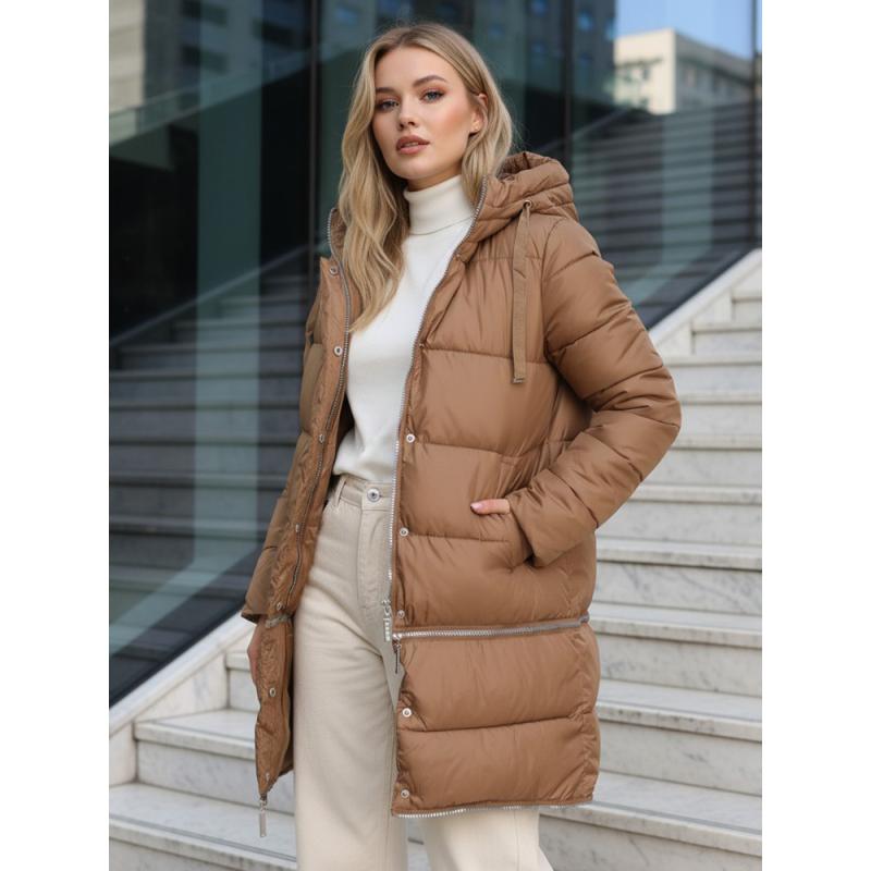 Női téli hosszú kabát, kamel