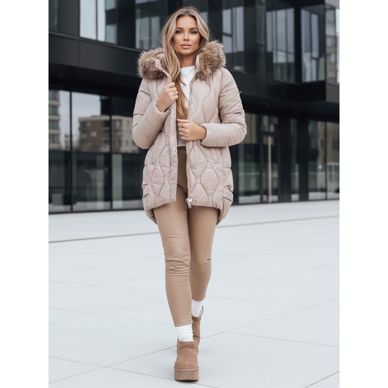 Dámská zimní bunda s kožešinou, béžová