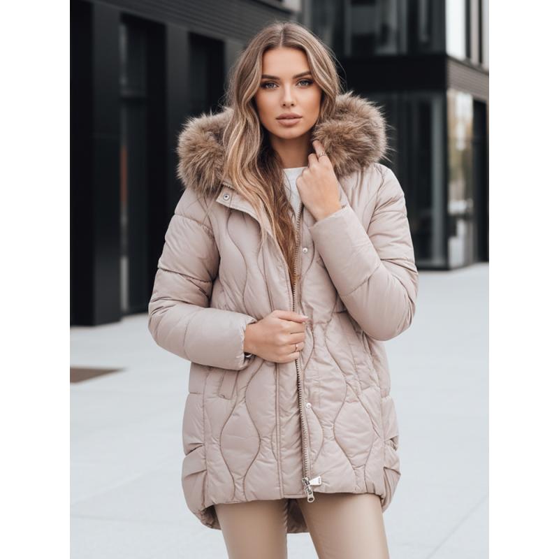 Dámská zimní bunda s kožešinou, béžová
