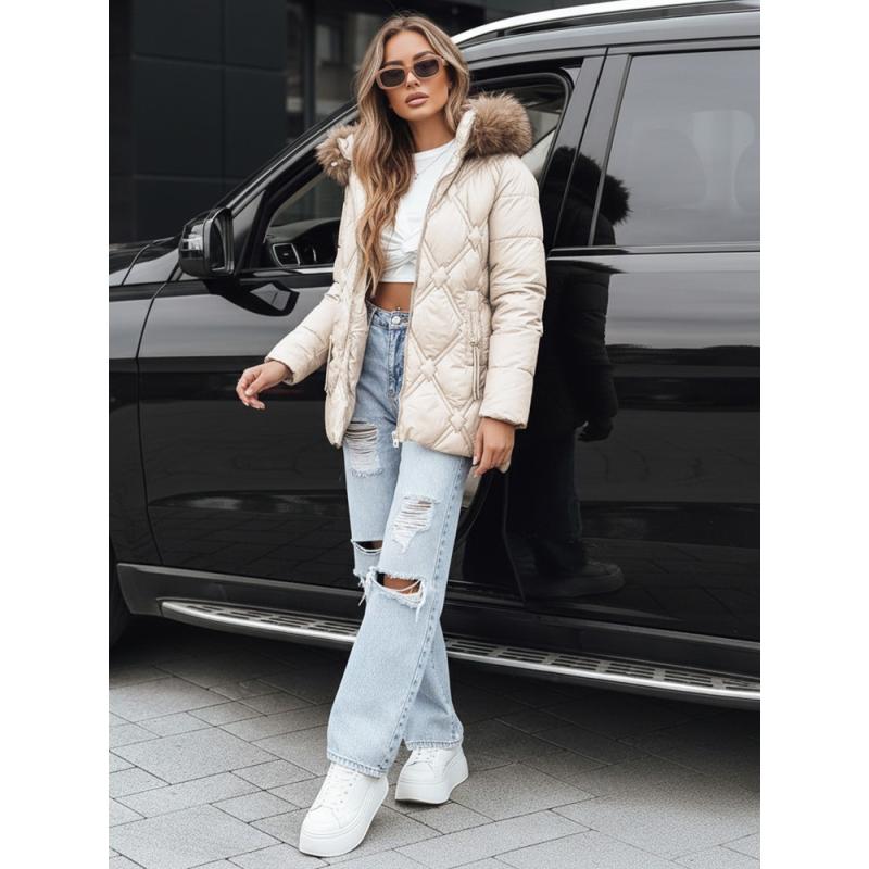 Dámská zimní bunda s kožešinou ecru