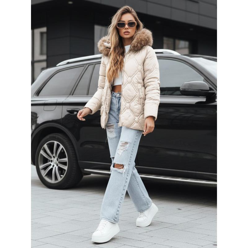 Dámská zimní bunda s kožešinou ecru